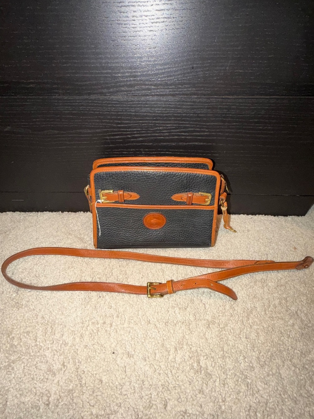 Dooney & Bourke Black Pebbled Leather Crossbody with Brown Trim & Gold Hardware